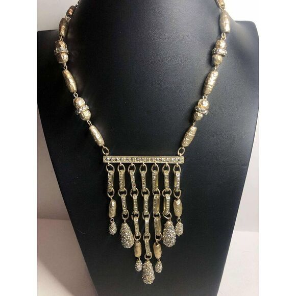 2088 CHICO'S gold tone nugget sparkling CZ bib beaded  statement necklace 17-20" - Picture 2 of 3